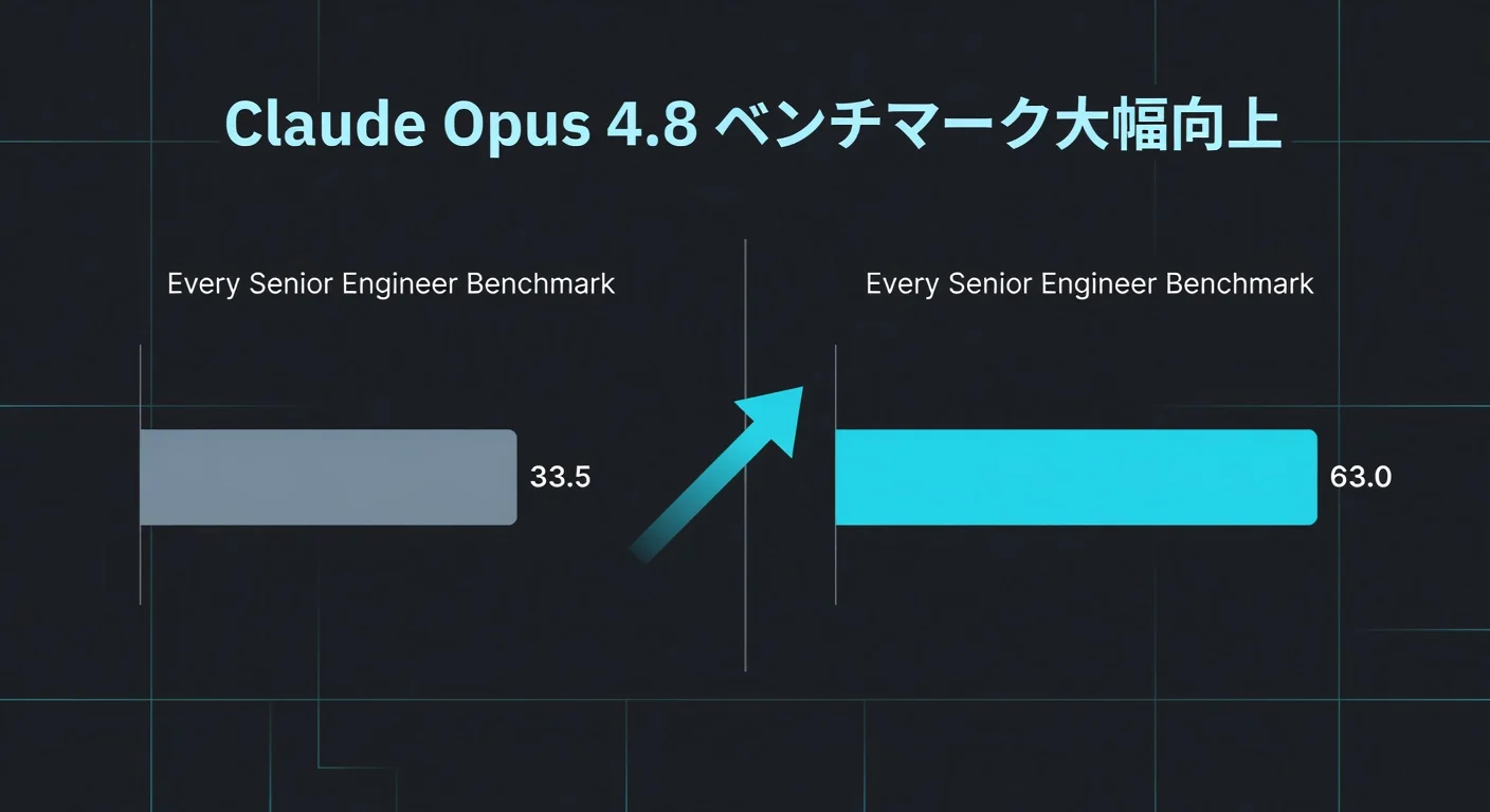 Claude Opus 4.8のベンチマーク改善を示すインフォグラフィック。Every Senior Engineer Benchmarkが33.5から63へ向上
