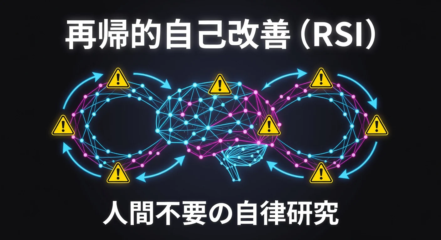 AIの再帰的自己改善の概念図。ニューラルネットワークのフィードバックループと警告アイコンを示す教育的なイラスト