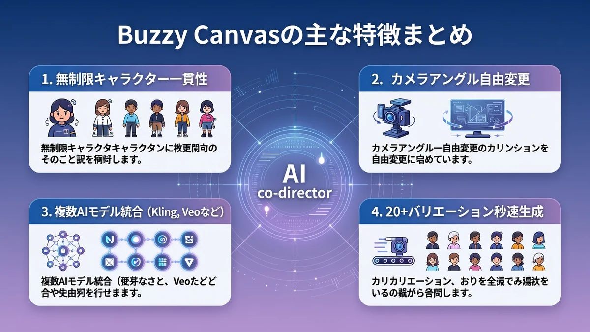 Buzzy Canvasの主な特徴まとめ。無制限キャラクター一貫性、カメラアングル自由変更、複数AIモデル統合、20+バリエーション秒速生成