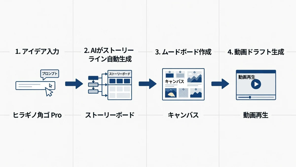Buzzy Canvasのワークフロー。アイデア入力からAIストーリーライン生成、ムードボード作成、動画ドラフト生成までの流れ