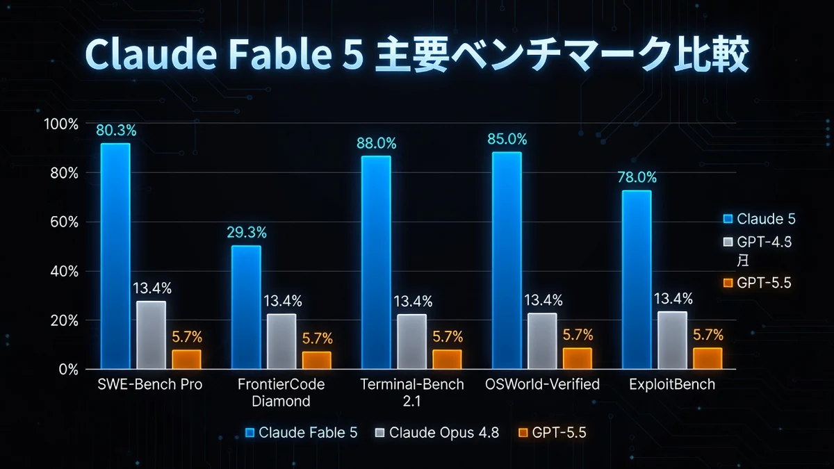 Claude Fable 5 主要ベンチマーク比較グラフ SWE-Bench Pro 80.3% FrontierCode Diamond 29.3% など