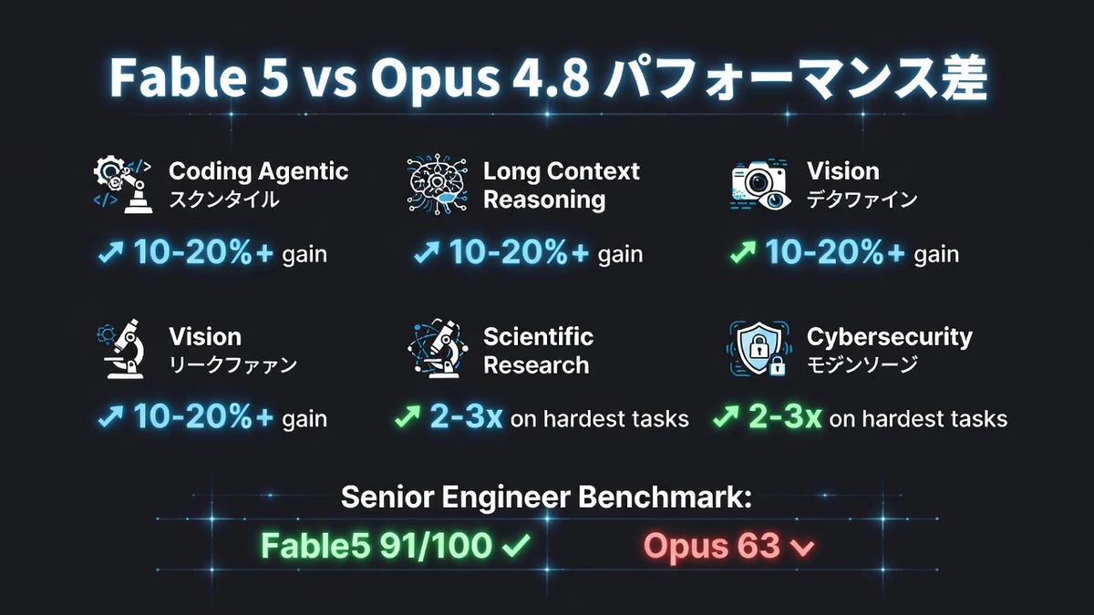 Fable 5 vs Opus 4.8 性能差 10-20%+ gain Senior Engineer Benchmark 91/100 vs 63
